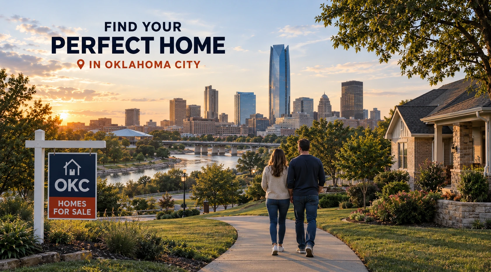Illustrative Oklahoma City skyline with a couple walking toward a home and a homes-for-sale sign