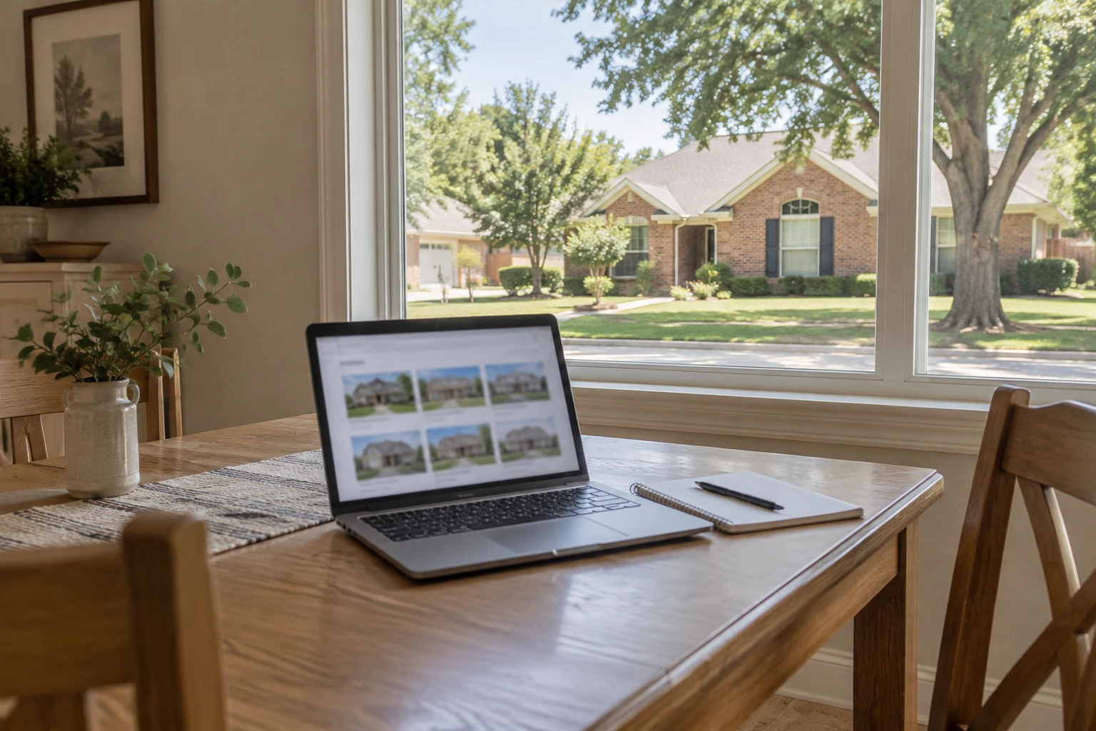 Laptop displaying home listings beside a window overlooking a brick residential property